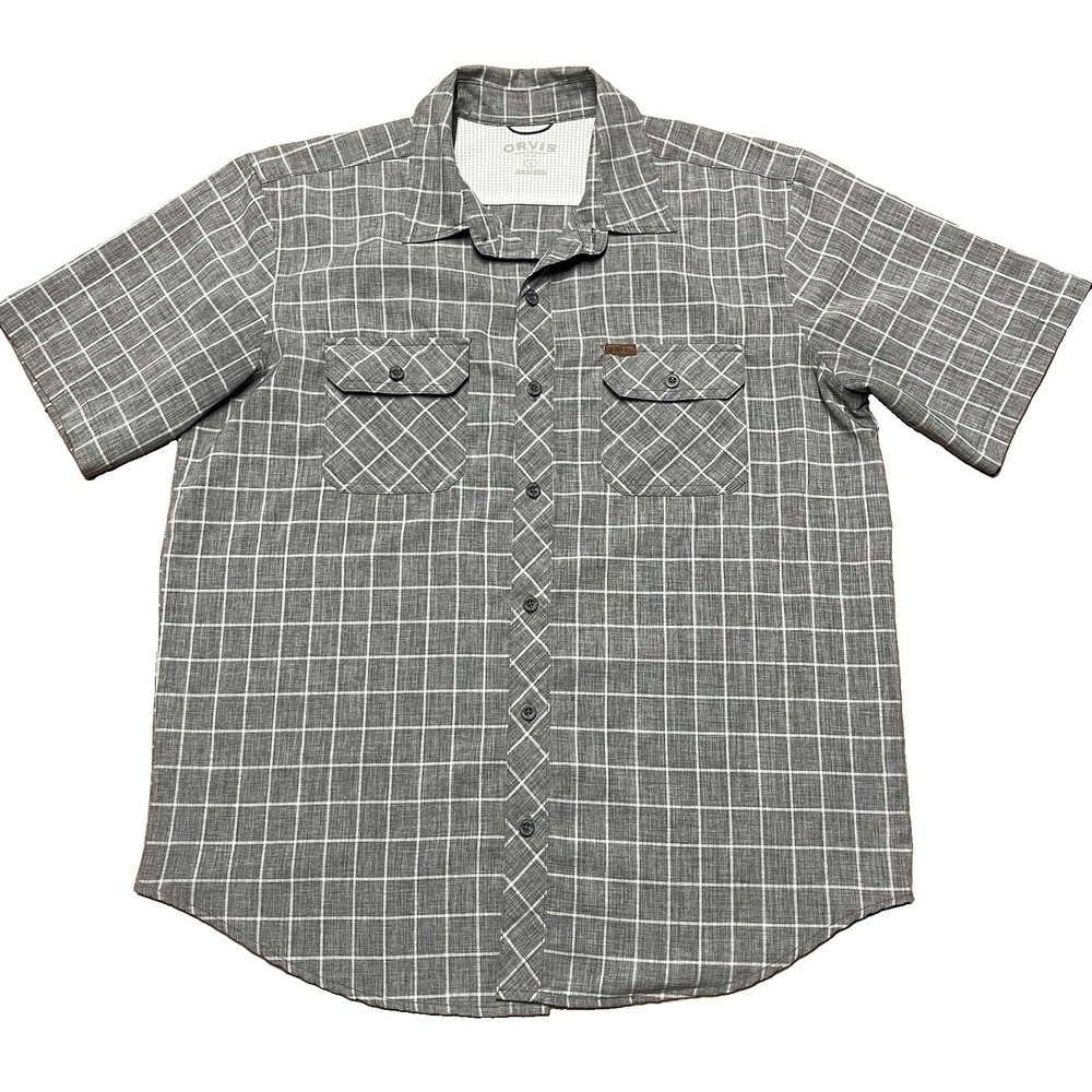 Orvis Shirt Mens Large Gray Plaid Performance Stretch Fishing Outdoors Button Up